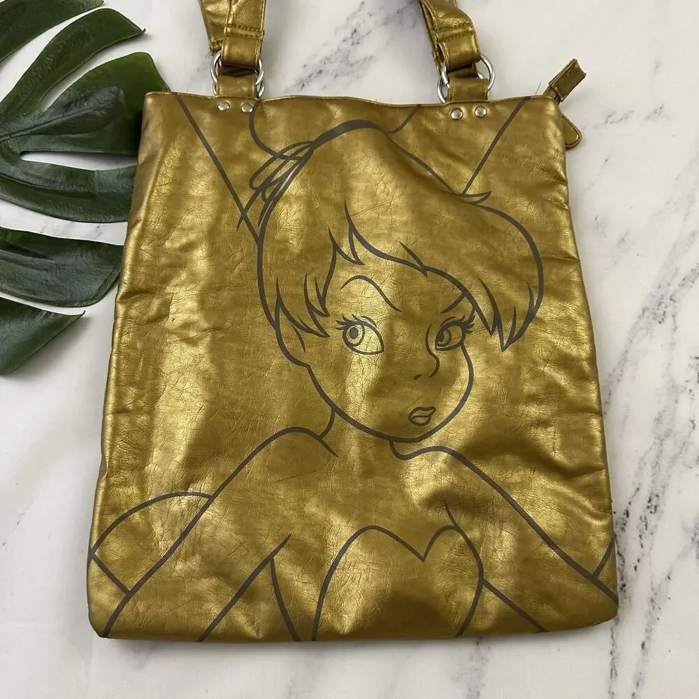 Disney Vintage Y2k Tinkerbell Tote Bag Purse Gold Faux Leather Metallic